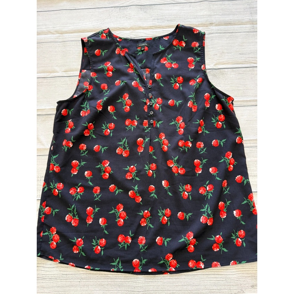 Talbots Shell Blouse Womens Large Red Berry Print Sleeveless Split Neck Button